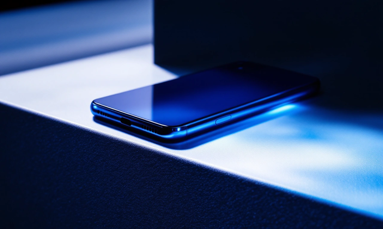 Um iPhone 14 azul em destaque sobre uma superfície branca.