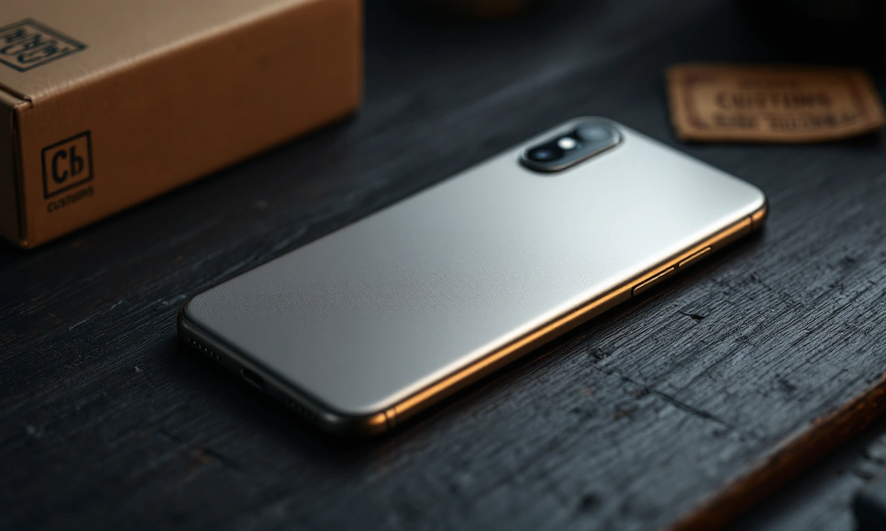 iPhone 15 Pro sendo preparado para envio internacional com elementos de alfândega ao fundo.