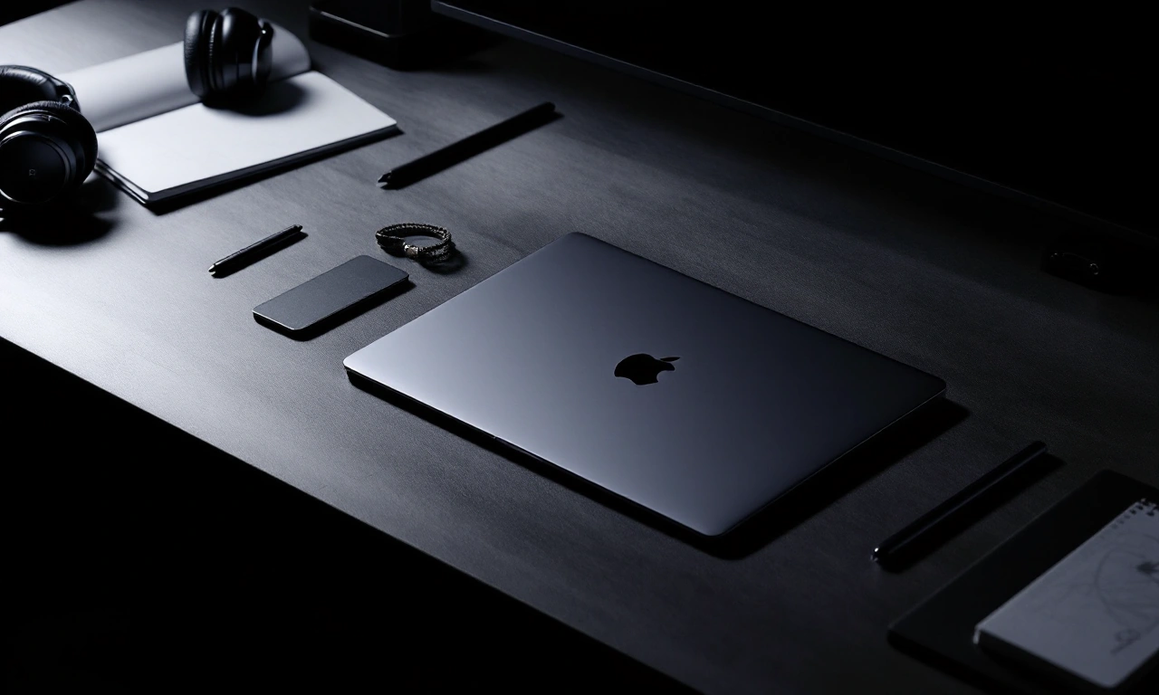 MacBook Air M5 aberto em uma mesa de trabalho, exibindo a tela com um software de design.