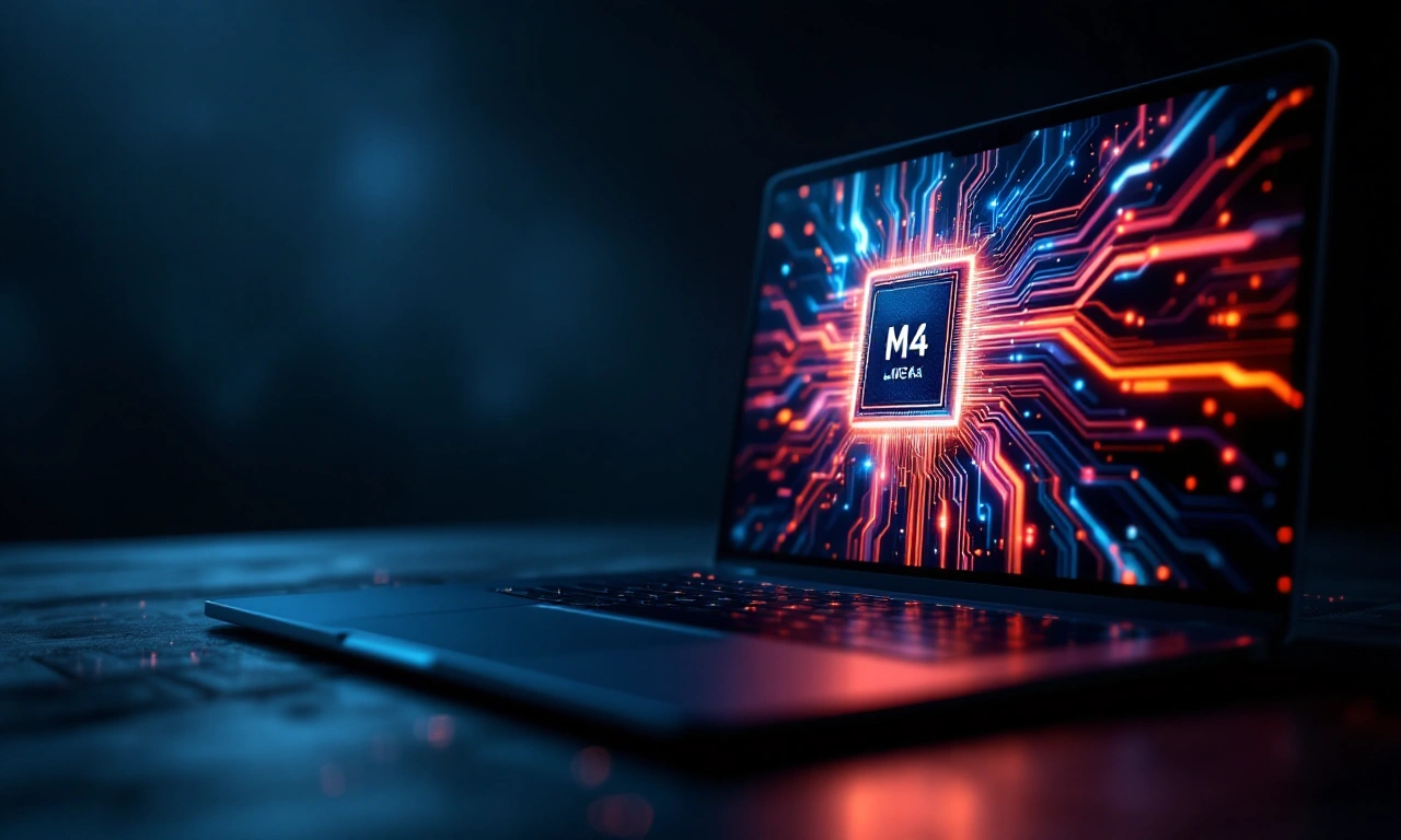 MacBook Pro M4 aberto em uma mesa, exibindo um projeto de design gráfico com cores vibrantes.