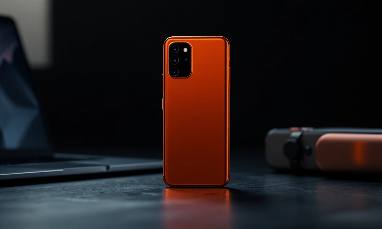 Renderização do iPhone 17 Pro na cor laranja com um MacBook Air M4 em uma mesa de escritório.