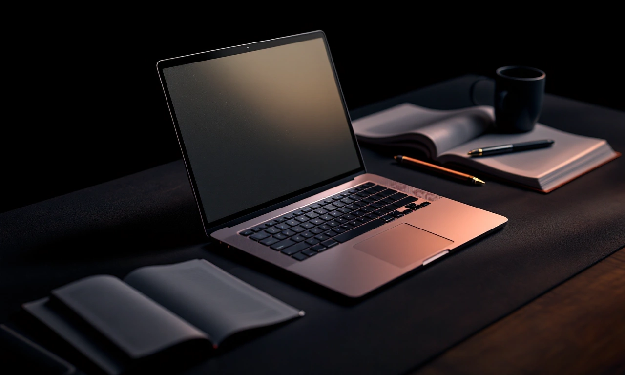 MacBook Air M3 aberto em uma mesa de trabalho moderna, mostrando a tela e o teclado.