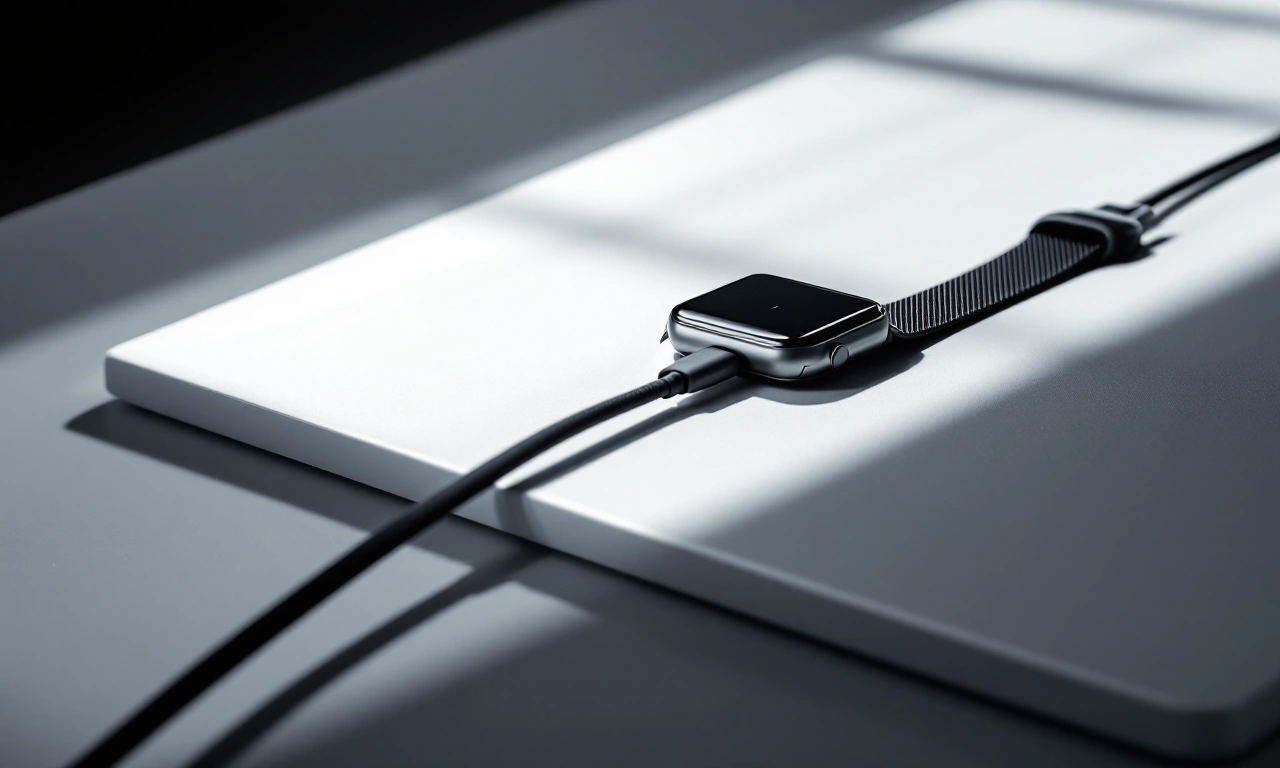 Um Apple Watch SE branco com sua pulseira esportiva cinza, exibindo a tela de emparelhamento, ao lado do cabo de carregamento magnético em um fundo limpo.