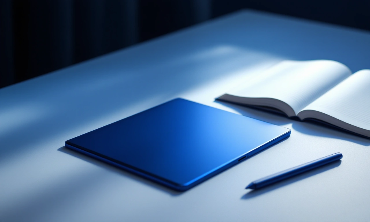 Um iPad Air de 5ª geração na cor azul, exibido sobre uma mesa com um caderno e uma caneta stylus.