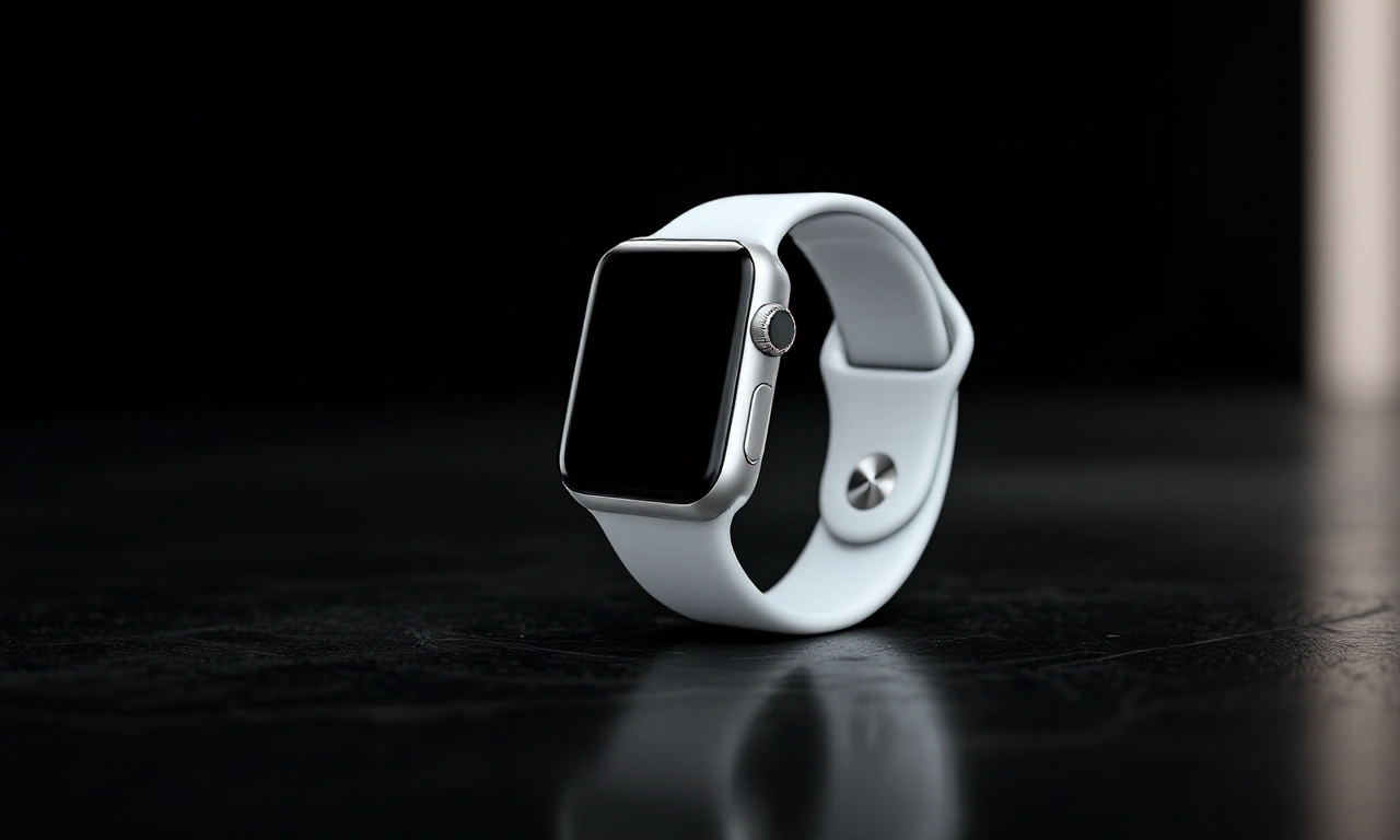 Close-up do Apple Watch Series 10 com pulseira esportiva branca em um fundo neutro.