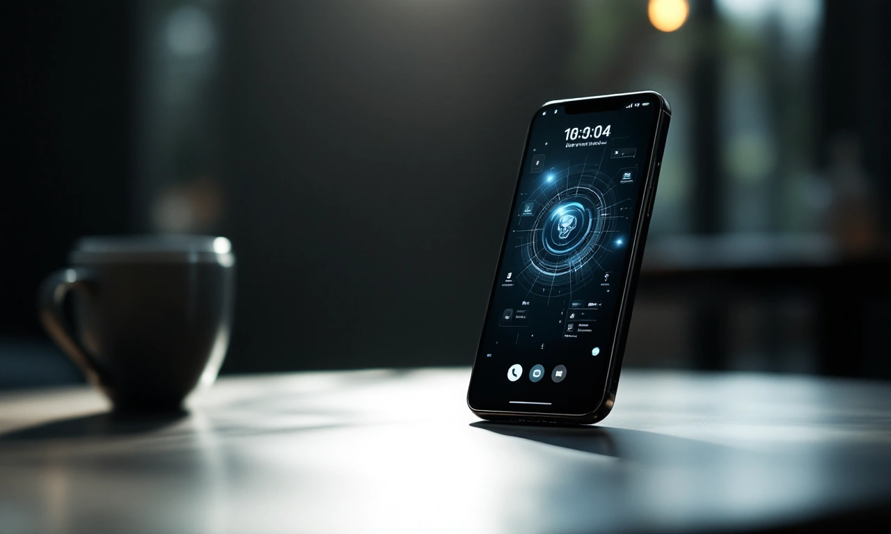 Render conceitual do iPhone 17 Pro Max em cor titânio, exibindo uma interface de software avançada.