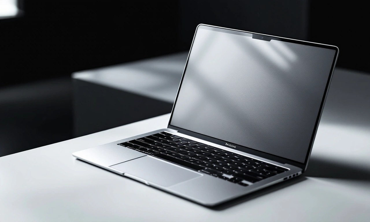 Um MacBook Neo aberto sobre uma mesa branca minimalista, exibindo a tela.