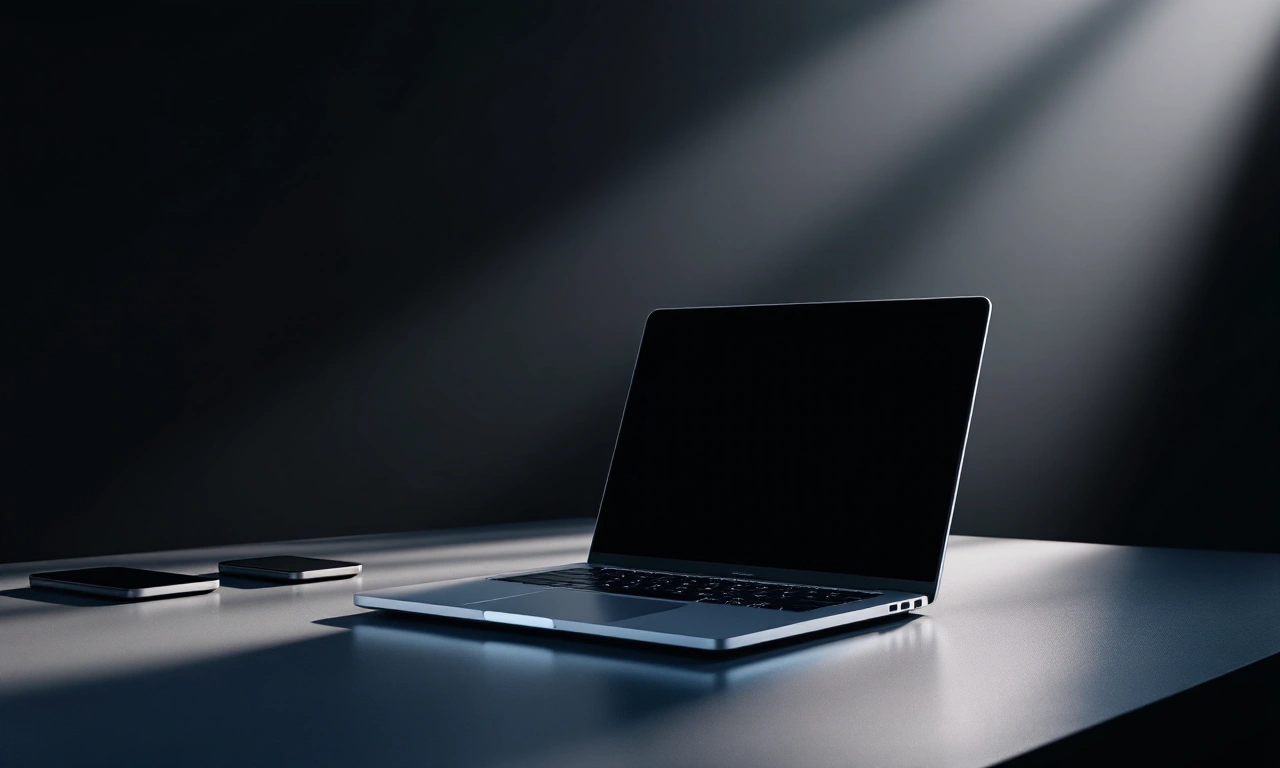 Um MacBook Air M3 prateado posicionado sobre uma mesa de escritório moderna, com outros dispositivos Apple ao fundo.