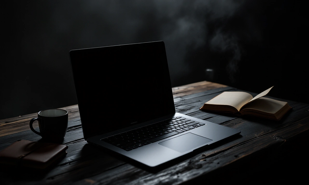 Um MacBook Air M3 cinza espacial aberto sobre uma mesa de madeira, com um copo de café e um caderno ao lado.