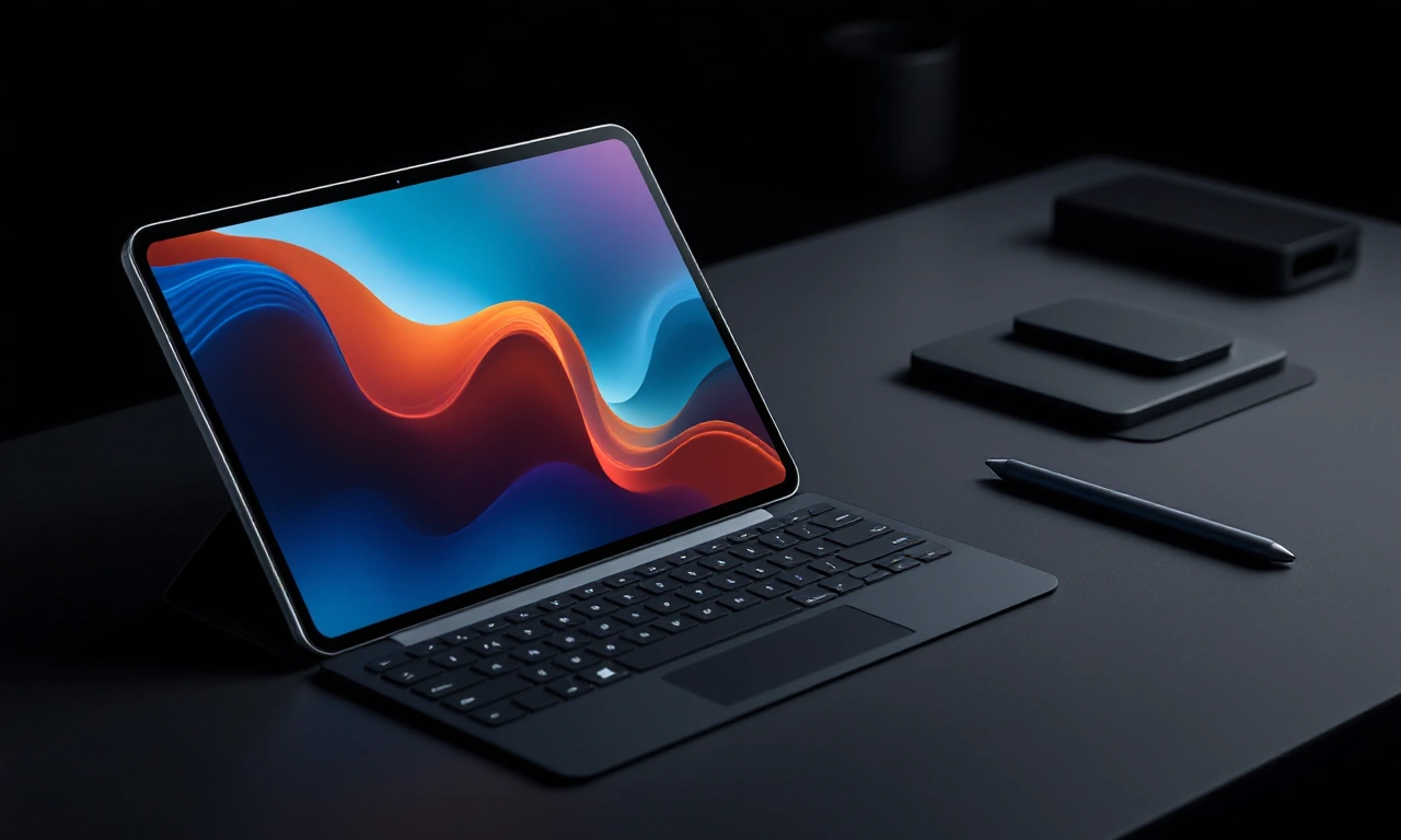 Um iPad Pro moderno com teclado e caneta digital sobre uma mesa de trabalho.