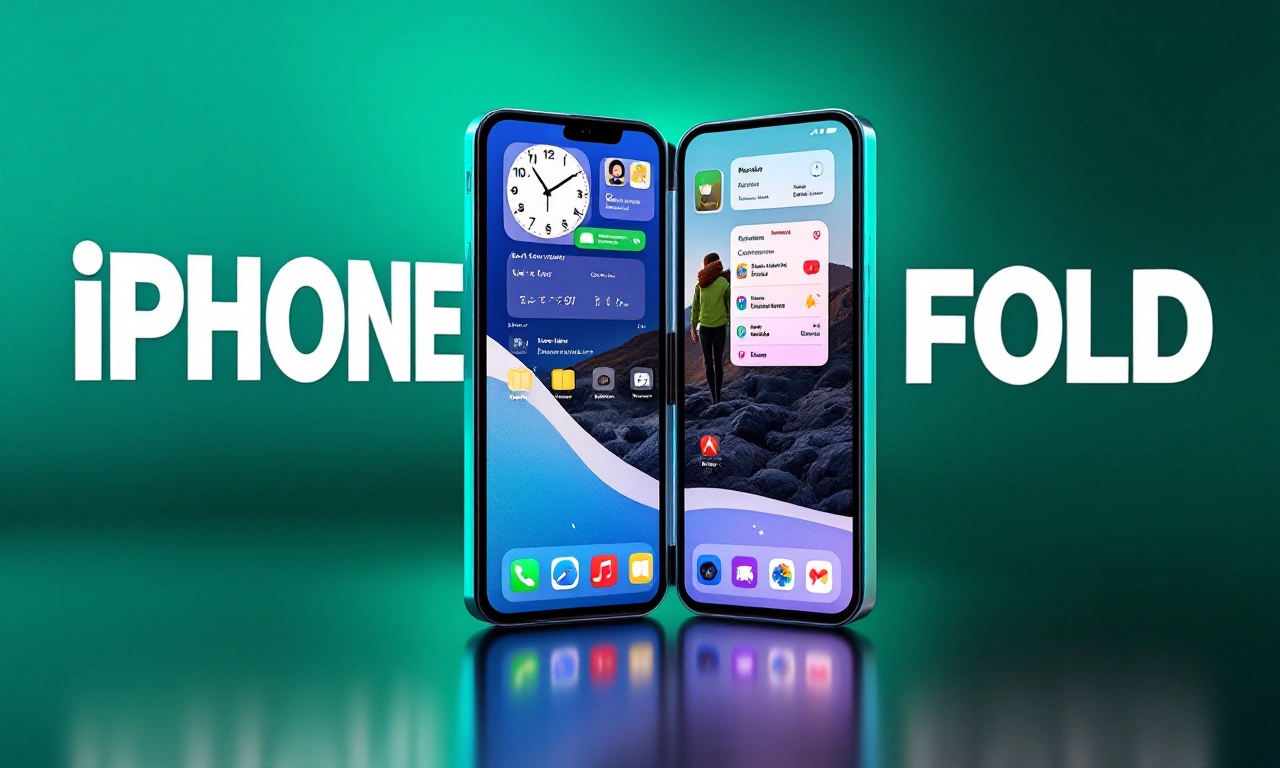 Renderização conceitual de um iPhone dobrável em formato aberto, exibindo a tela com a interface do iOS.