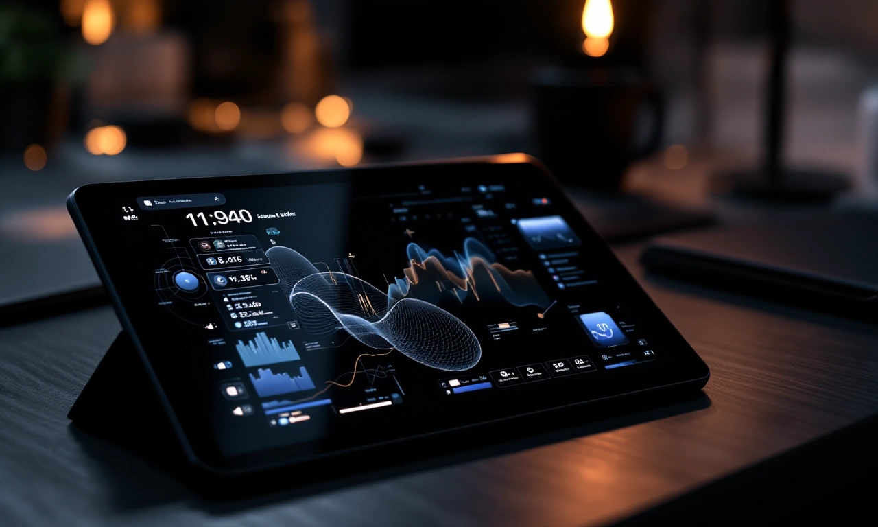Um iPad Pro moderno exibindo um software de design complexo em uma mesa de escritório.