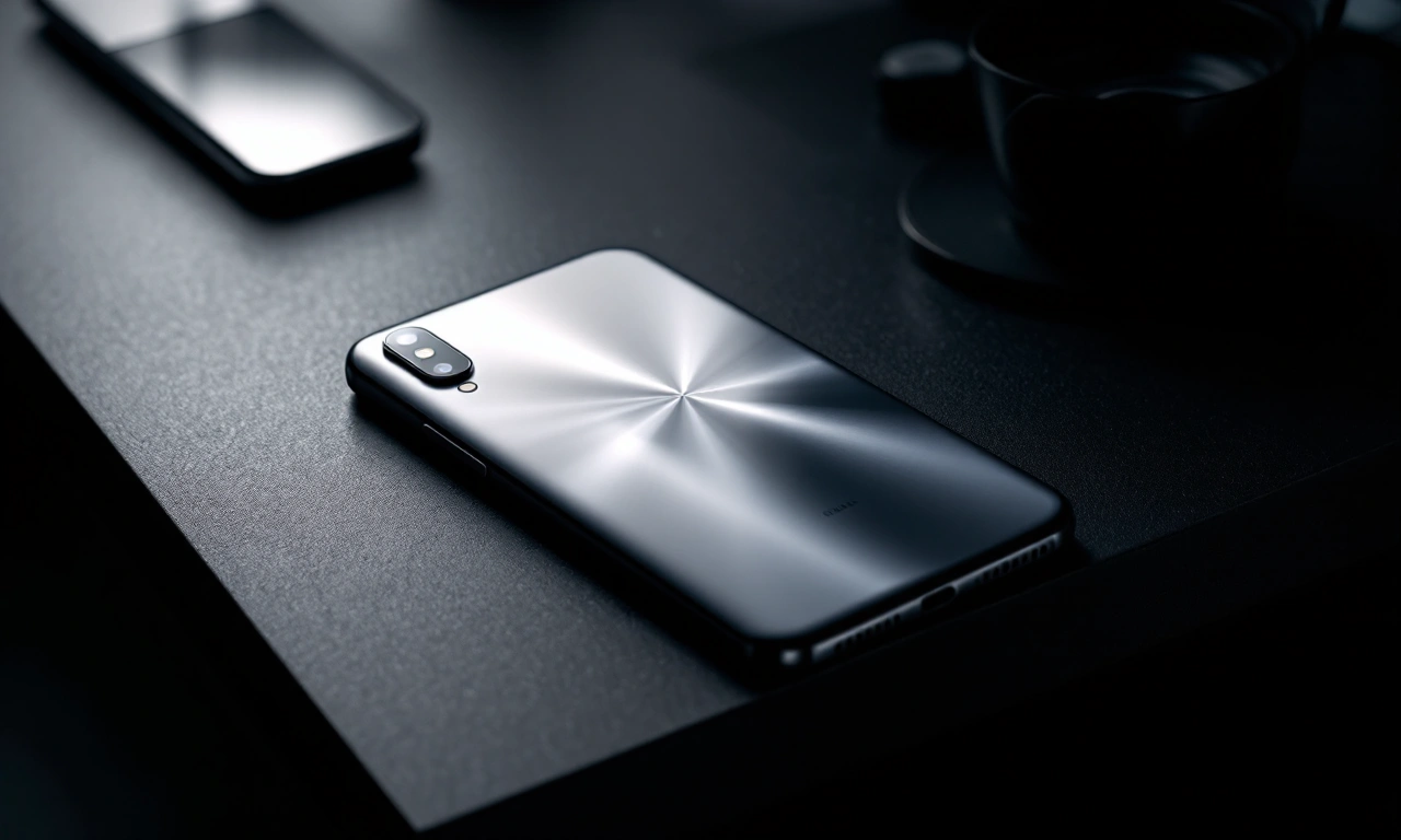 iPhone 15 com acabamento em titânio natural sobre uma mesa moderna.