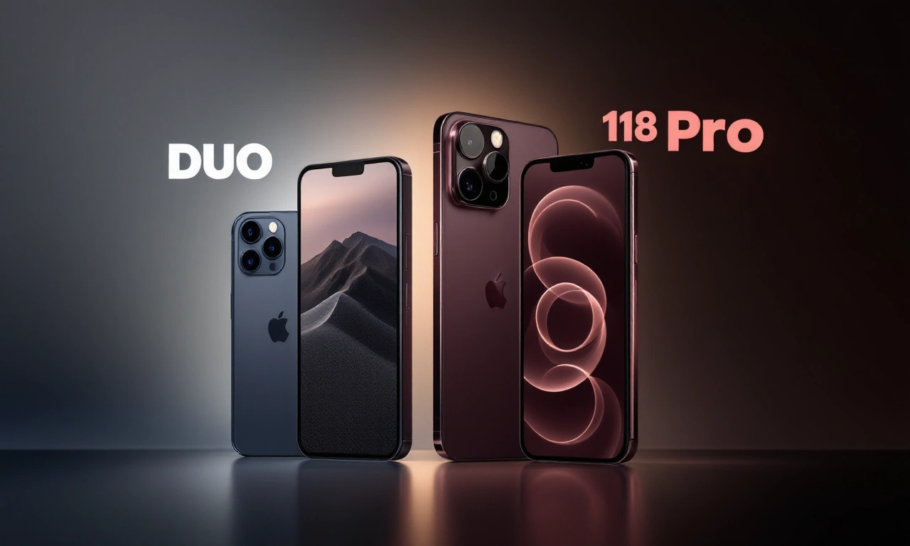 Comparativo visual entre o iPhone Duo dobrável e o iPhone 18 Pro Max tradicional em um ambiente de escritório moderno.