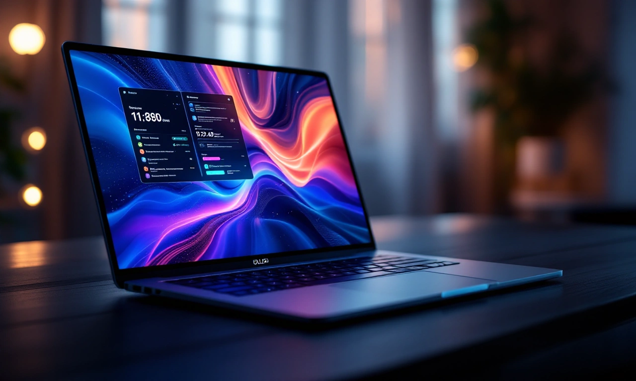 Conceito de MacBook com tela OLED brilhante e design moderno.