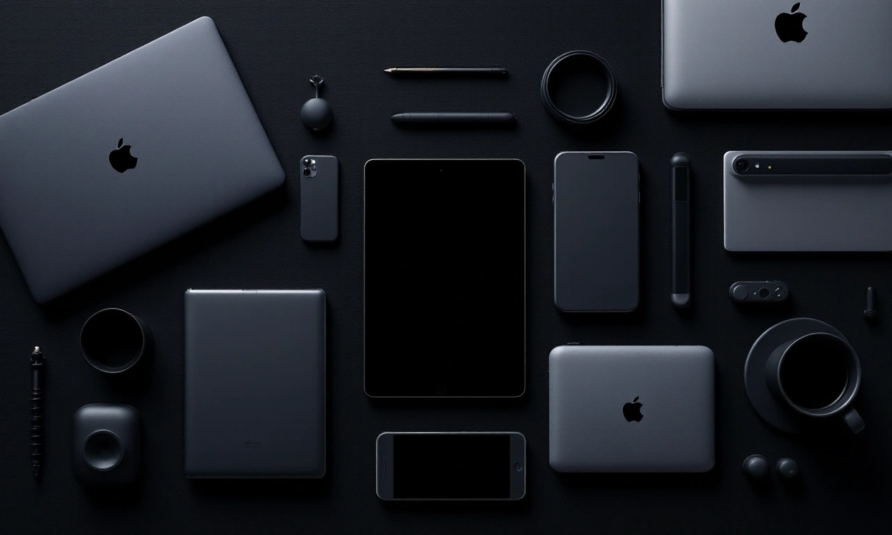 Montagem de diversos produtos da Apple, incluindo iPhone, iPad e AirPods.