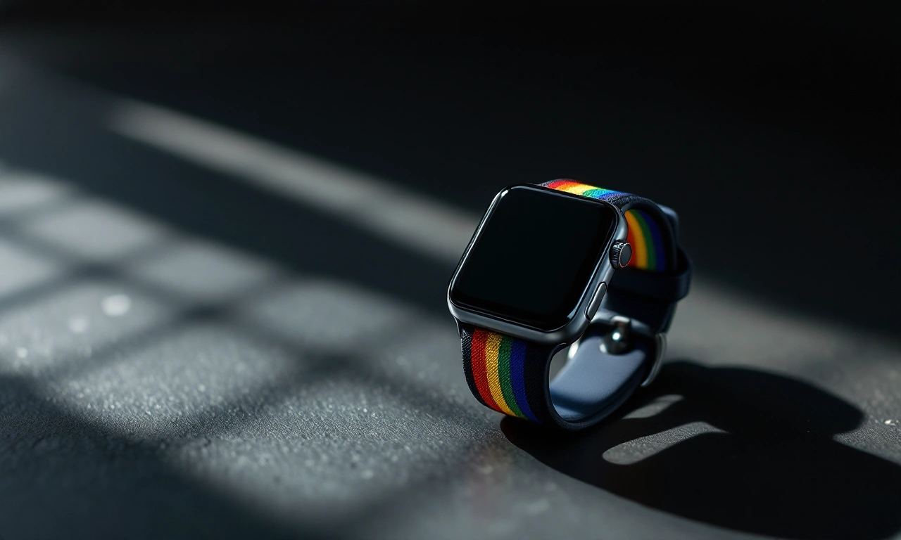Apple Watch exibindo pulseira colorida do Orgulho e iPhone com wallpaper vibrante.
