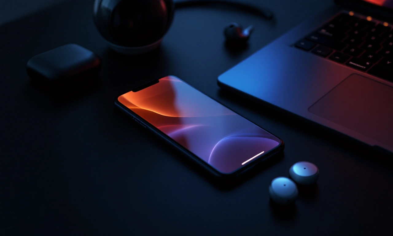 Vitrine virtual com iPhone, MacBook e AirPods em destaque, simbolizando promoções e novidades.