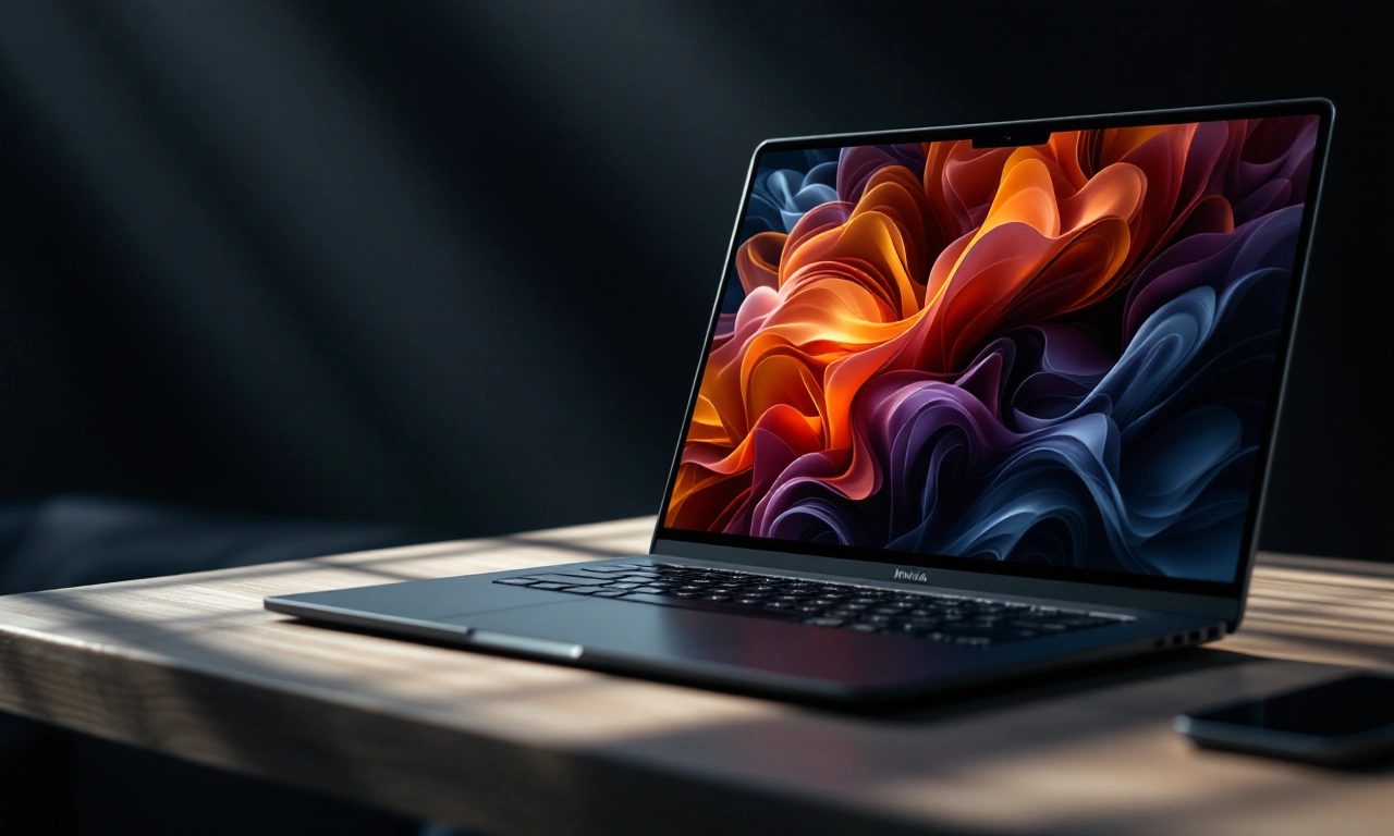 Close-up de um MacBook Pro de 14 polegadas aberto, exibindo a tela e o teclado.