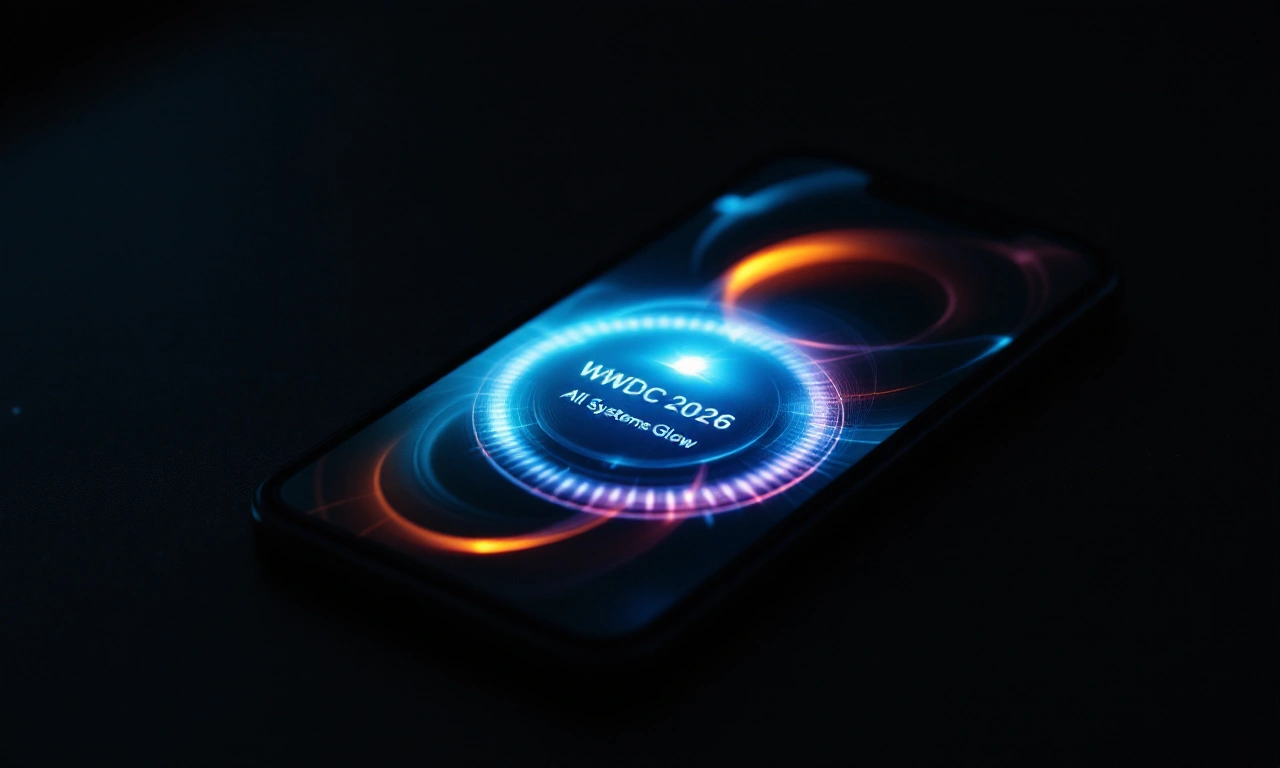 Tela de evento da WWDC 2026 com um brilho sugestivo e o slogan 'All Systems Glow'.
