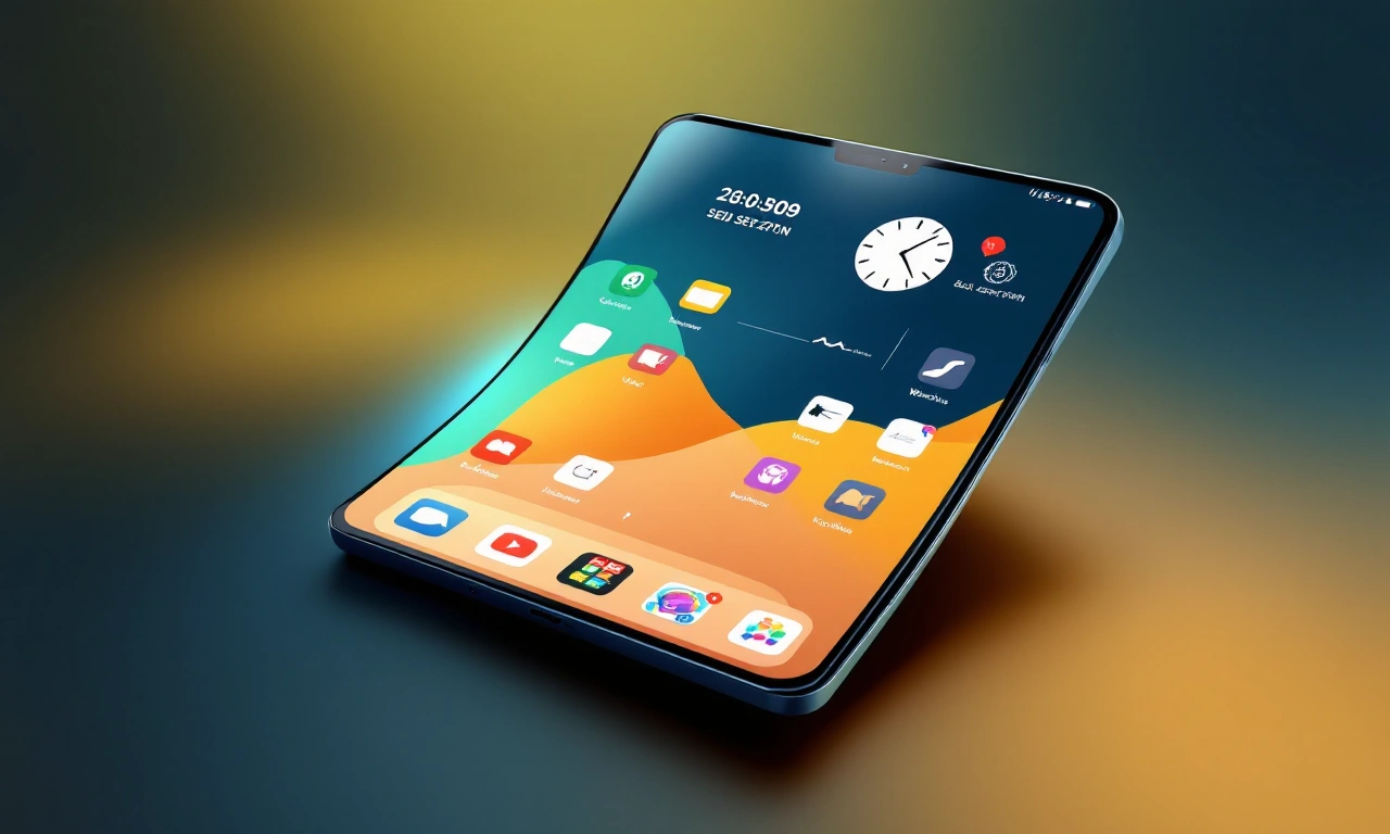 Renderização conceitual de um smartphone dobrável da Apple aberto, exibindo uma tela ampla.