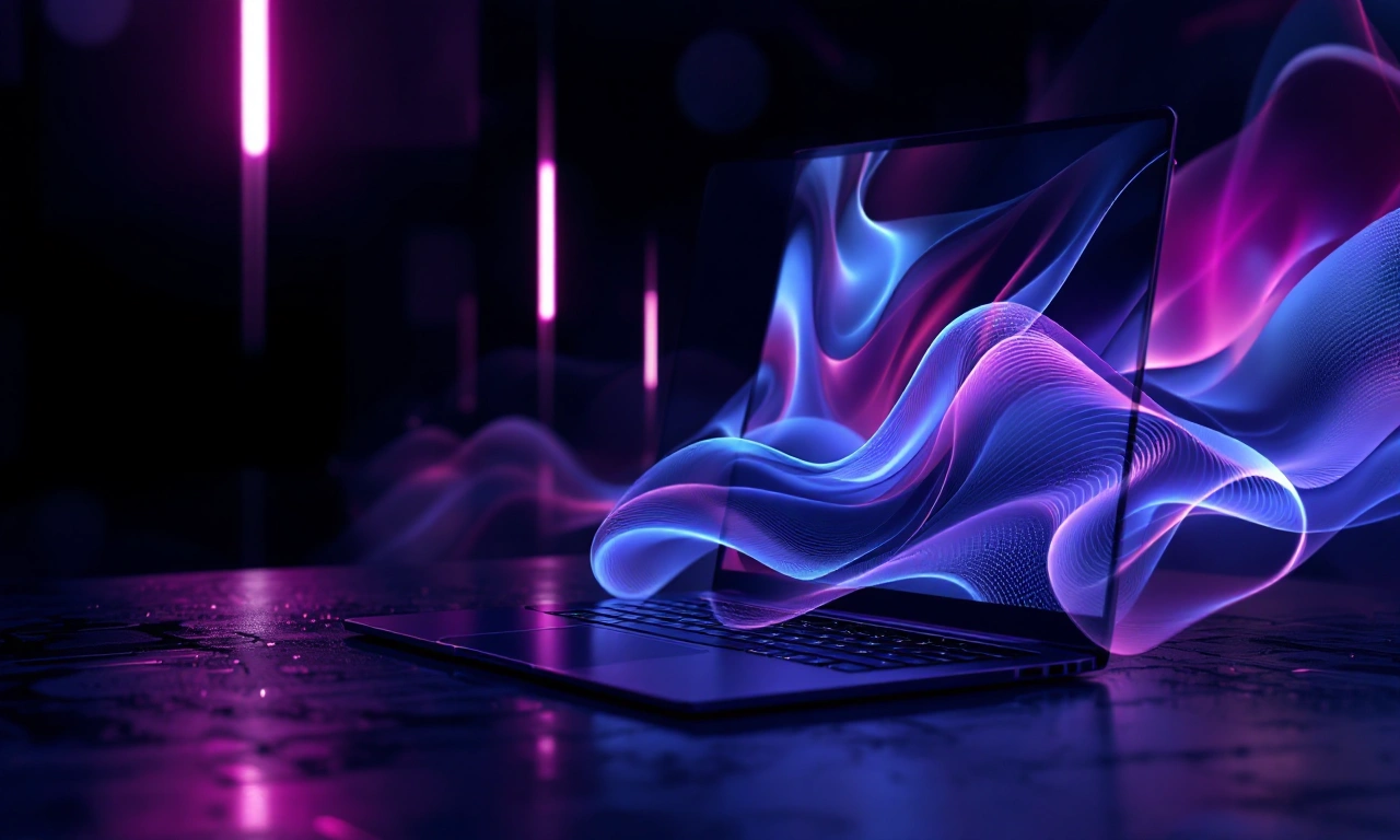 Imagem promocional de um MacBook Pro com tela aberta exibindo o chip M5 Pro ou M5 Max.