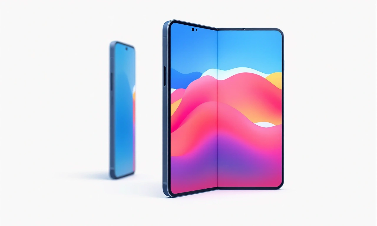Renderização conceitual de um smartphone com tela dobrável em formato de livro.
