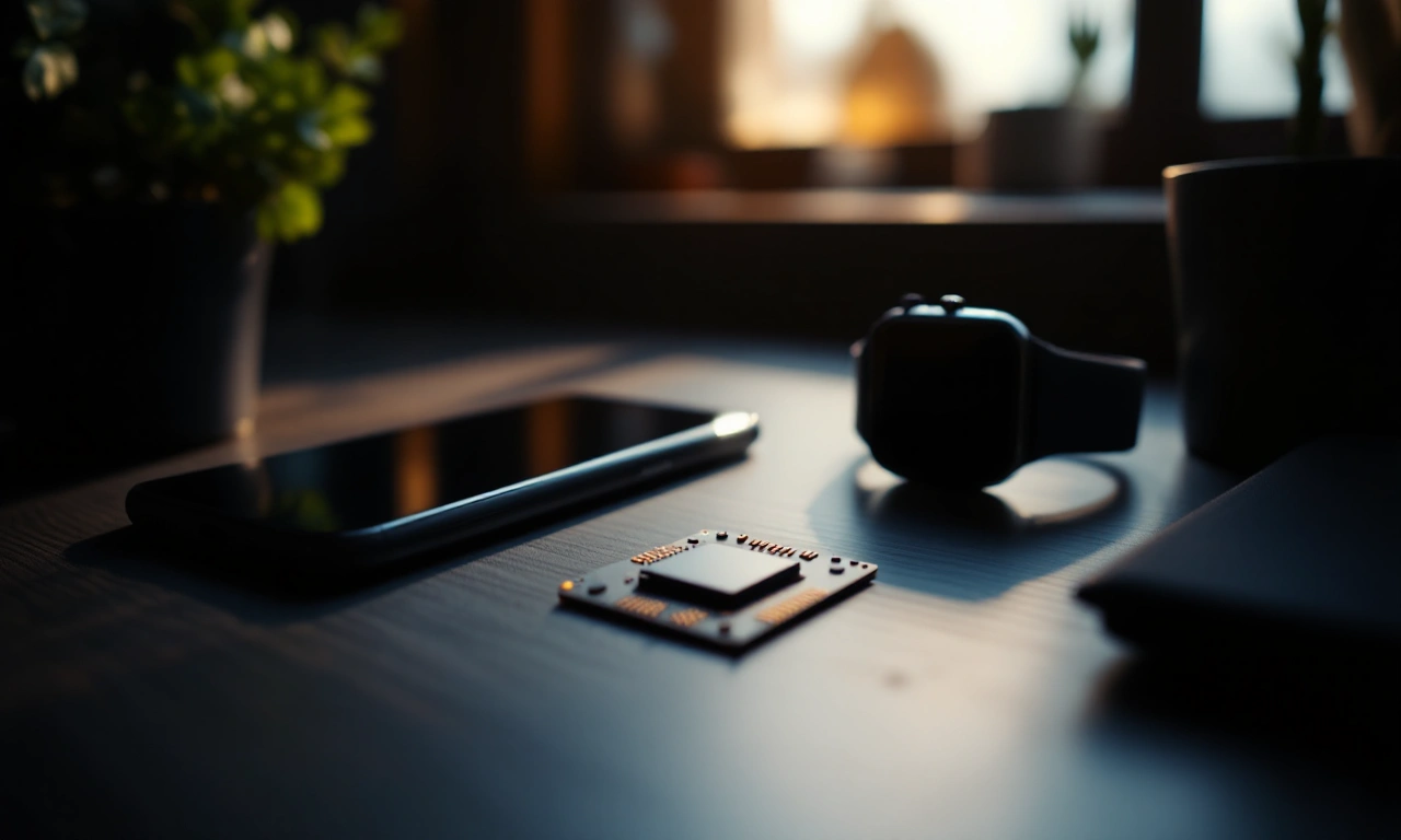 Composição visual representando o universo Apple, incluindo produtos e elementos de tecnologia.