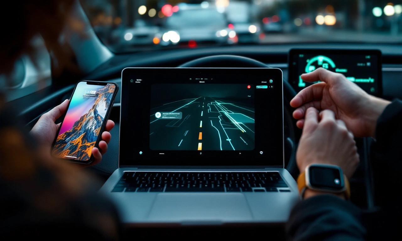 Painel de um carro elétrico Ford exibindo o Apple Maps com produtos Apple ao redor.