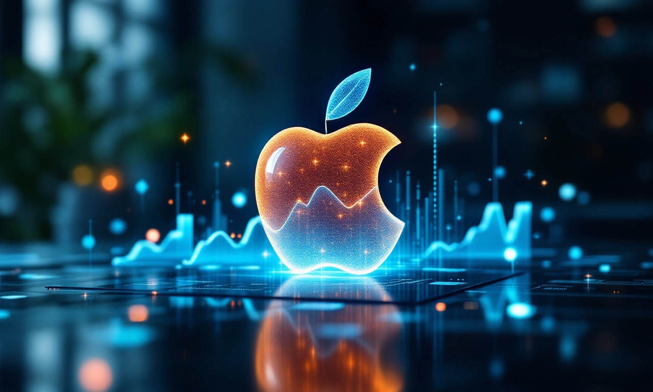 Logo da Apple cercado por gráficos financeiros e renderizações de futuros iPhones.