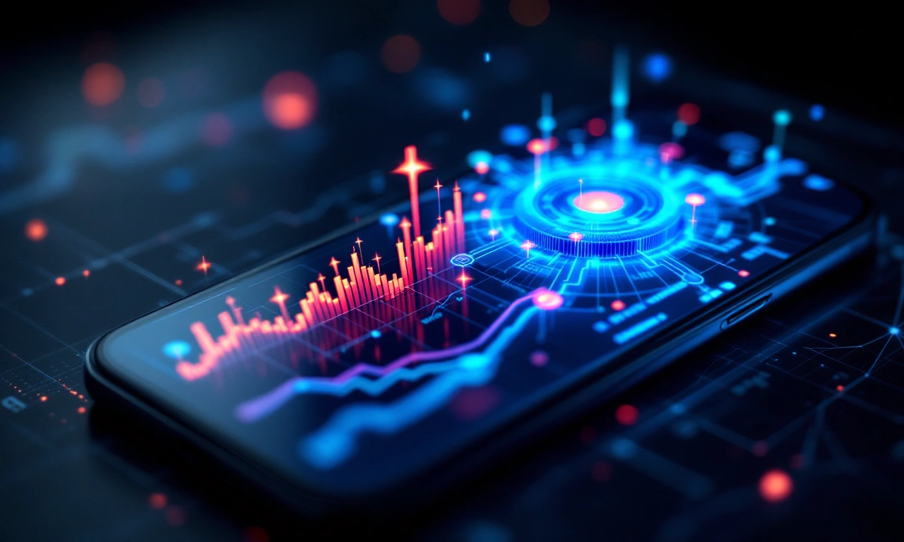 Gráficos de receita e interface de IA em tela de conferência da Apple.