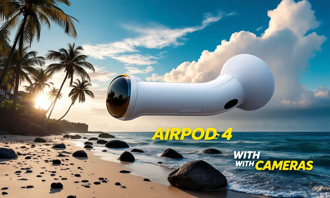 Renderização conceitual de AirPods com pequenas câmeras visíveis em cada fone.
