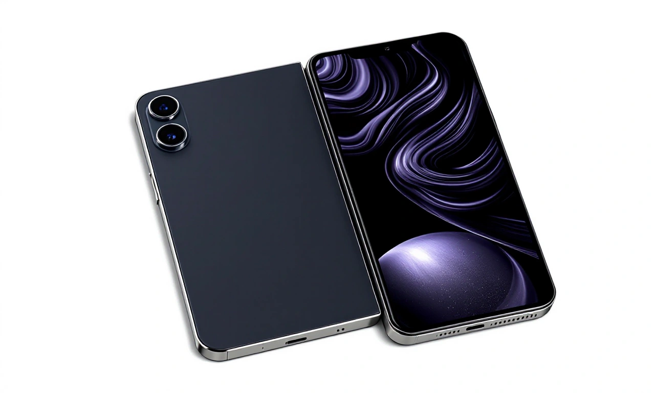 Renderização conceitual de um smartphone Apple dobrável mostrando cantos quadrados em um lado e arredondados no outro.
