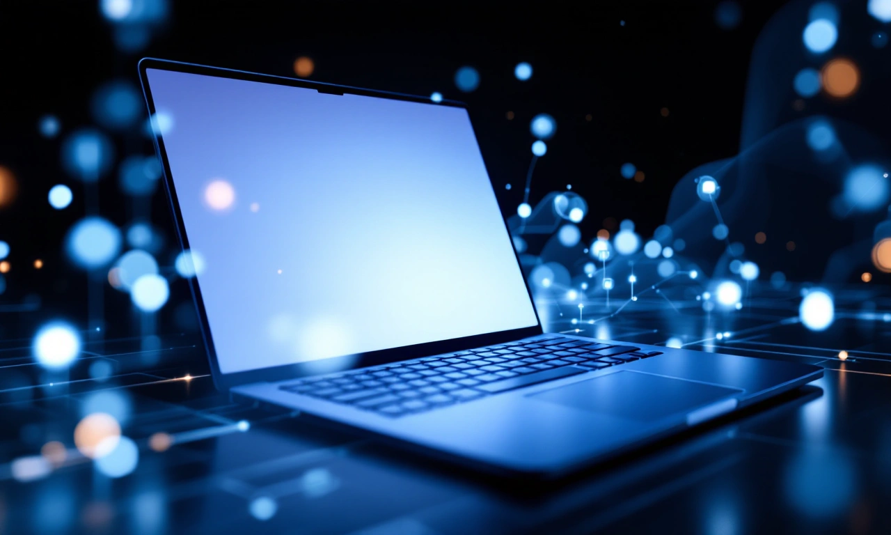 Renderização conceitual de um MacBook Air M5 com elementos visuais de inteligência artificial.