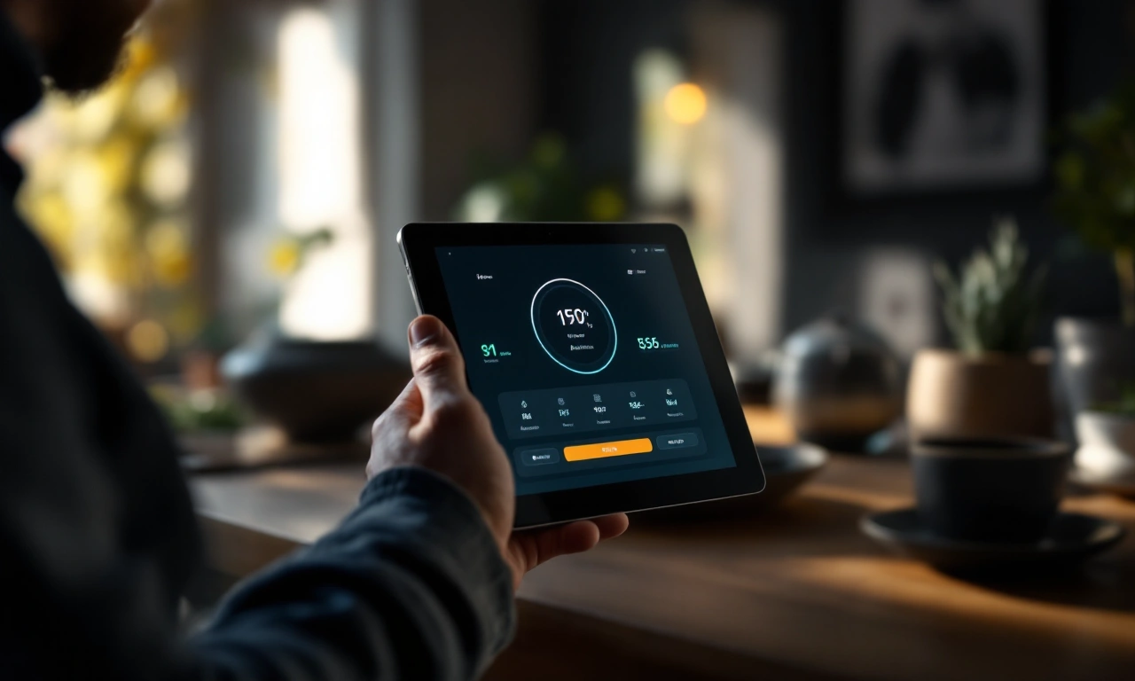 Mockup de um iPad montado na parede exibindo controles de casa inteligente.