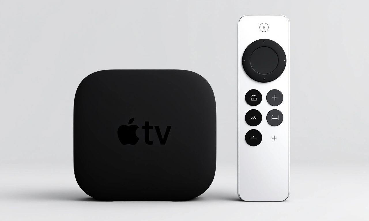 Renderização conceitual do Apple TV 4K com interface de usuário avançada e Siri integrada.
