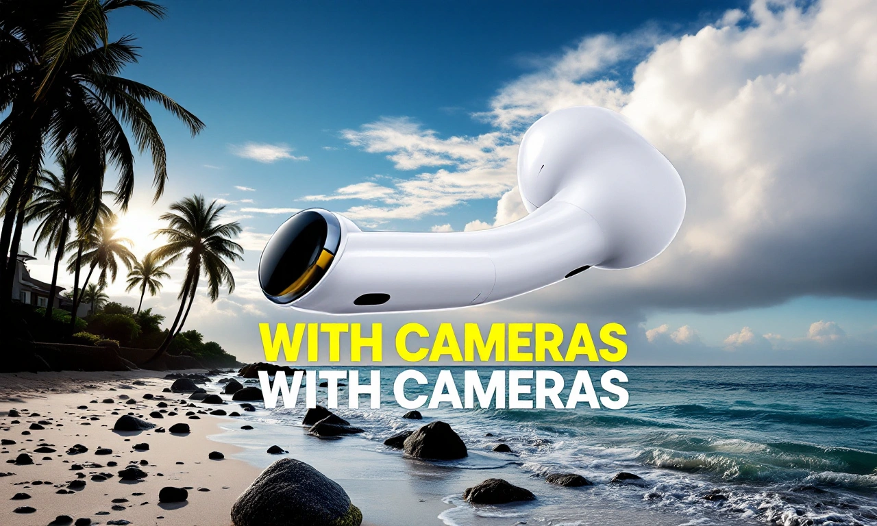 Renderização conceitual de AirPods com pequenas lentes de câmera integradas.