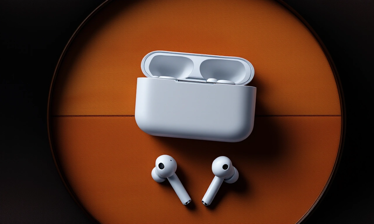 Renderização conceitual de um fone de ouvido AirPods com uma pequena lente de câmera visível.