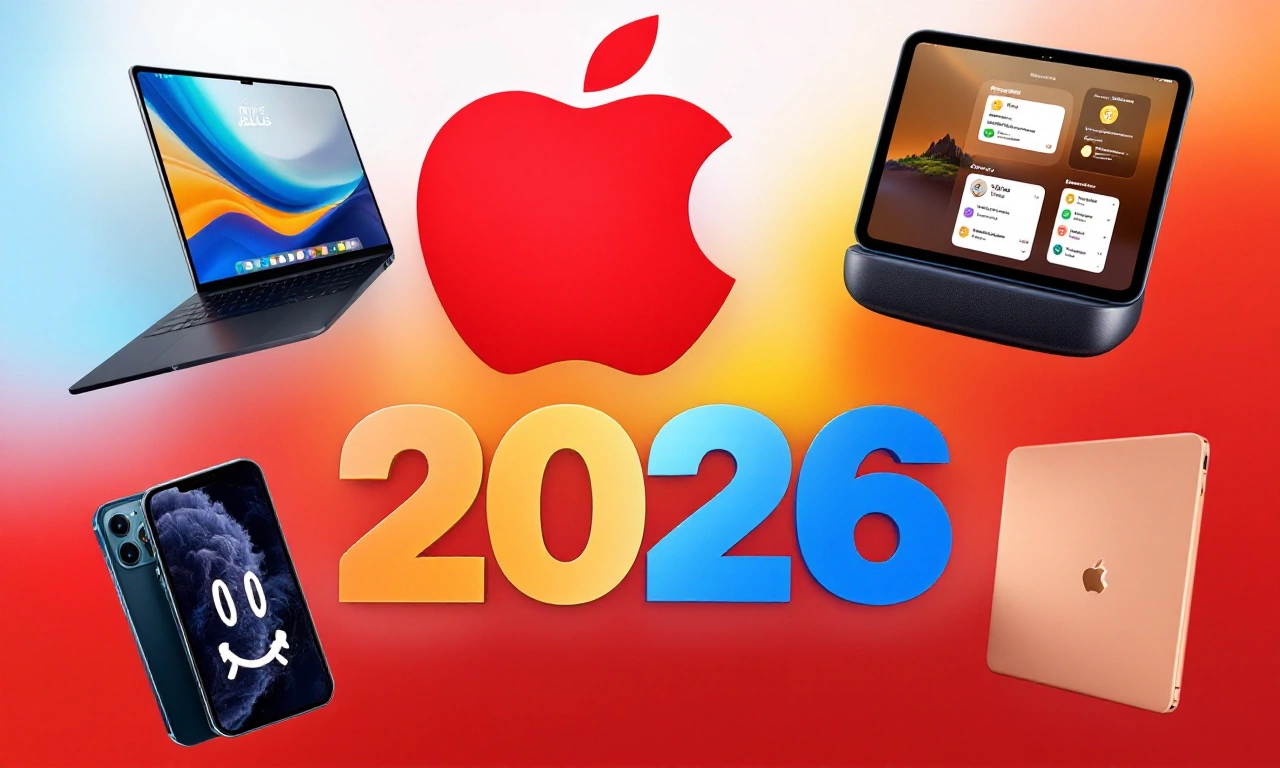 Renderizações conceituais de futuros produtos Apple: um smartphone dobrável, o Apple Watch Series 12 e um iPad mini com tela OLED.