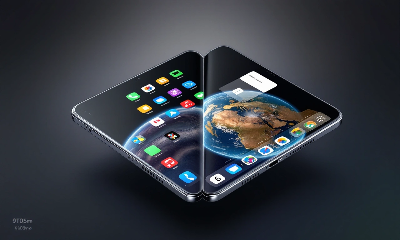 Renderização conceitual de um iPhone dobrável com tela estendida e sensor Touch ID visível.