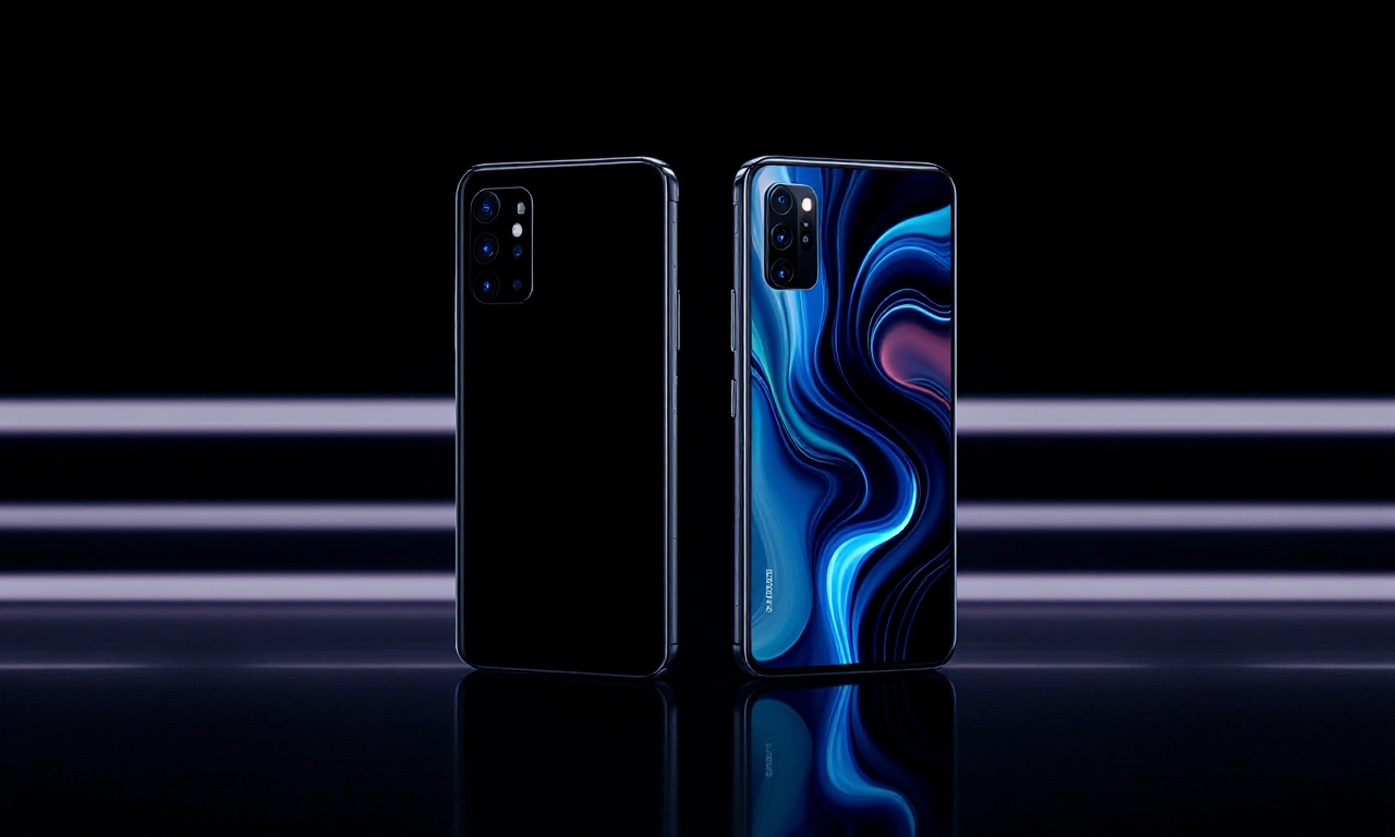 Renderização conceitual do iPhone 18 Pro e do iPhone Duo em exibição.