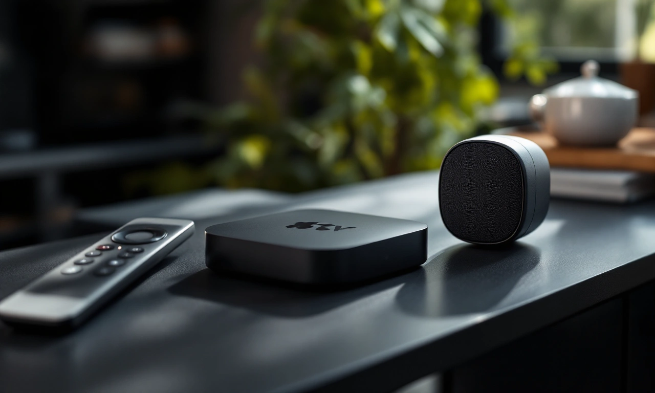 Imagem conceitual da nova Apple TV 4K ao lado do HomePod mini com foco em design moderno.