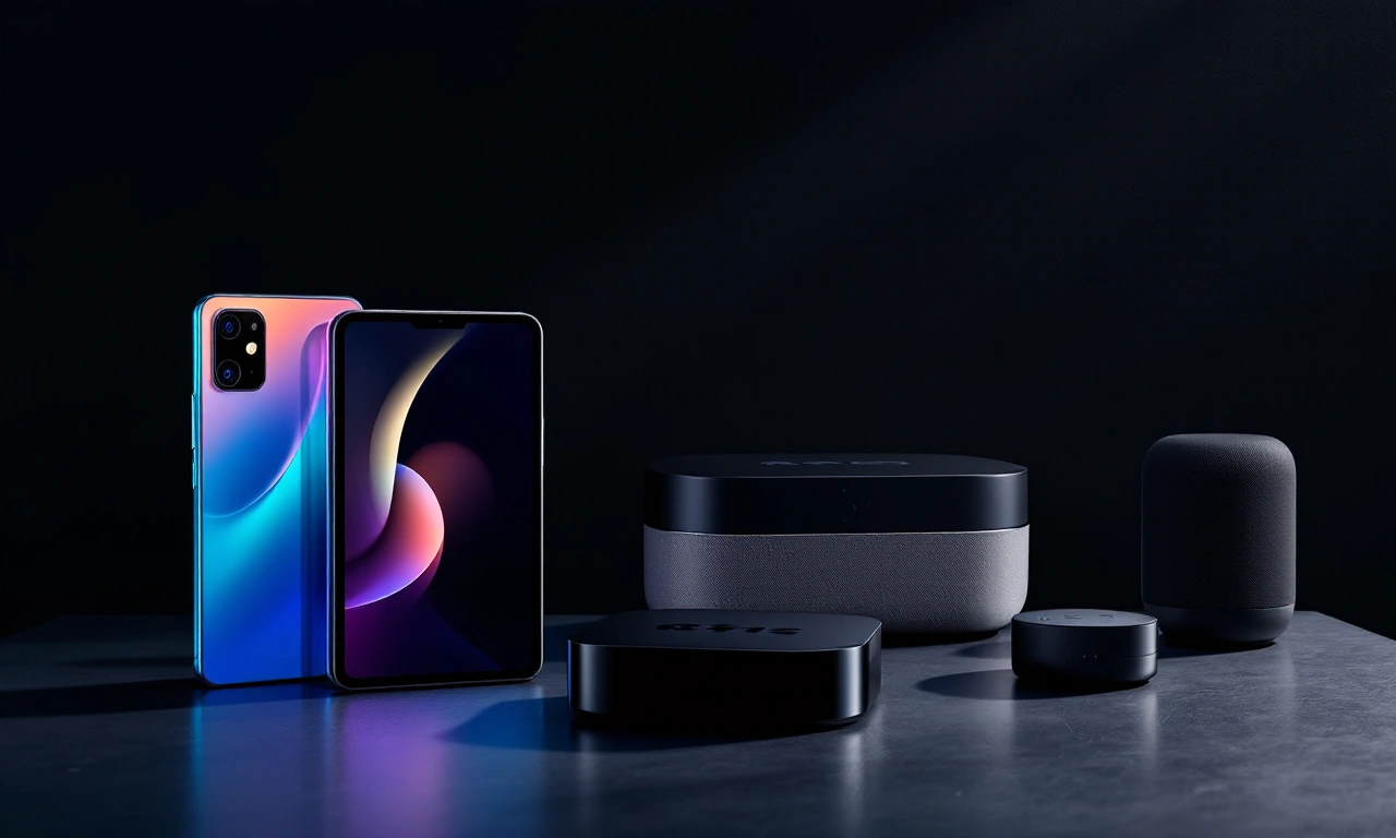 Montagem com os mais recentes lançamentos e atualizações da Apple, incluindo o smartphone dobrável iPhone Duo e o iPad mini.
