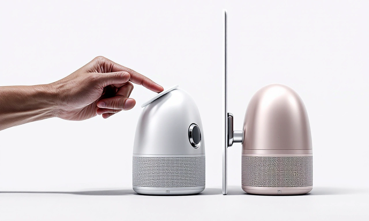 Renderização conceitual de um dispositivo HomeView com um braço robótico articulado.