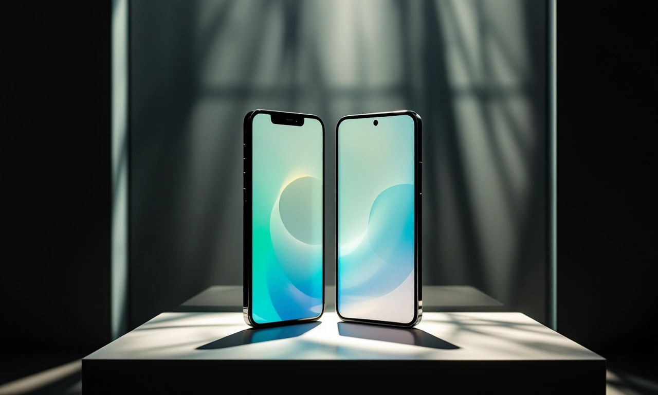 Vitrine de loja da Apple com modelos gigantes do iPhone Duo em exposição.